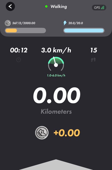 A dark-themed fitness tracking app screenshot showing 'Walking' activity mode with stats: 00:12 timer, 3.0 km/h speed, 15 steps, and 0.00 kilometers recorded, with progress bars for 567.12/2000.00 and 20.0/20.0.