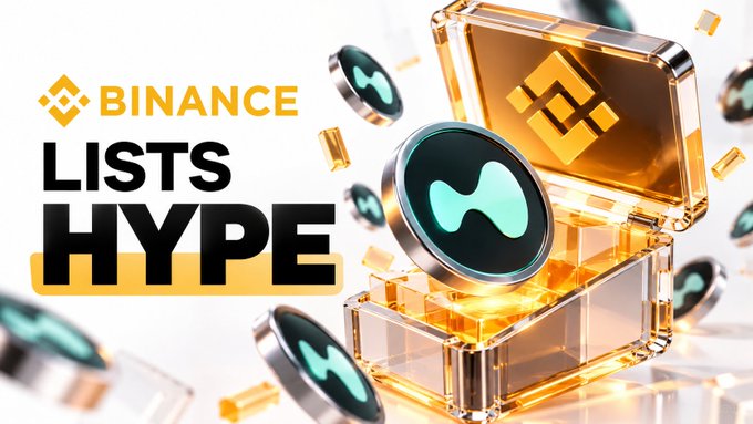 A promotional graphic for Binance announcing it 'LISTS HYPE', featuring an open golden treasure chest spilling out HYPE cryptocurrency tokens.