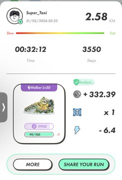 The image shows a phone screen displaying information about a walker's progress, including their current step count of 3,942 steps, and the time taken for each step at 2:55 km/h. The screen also displays a list of items that can be purchased from the app store, such as a new pair of shoes or a fitness tracking device.
