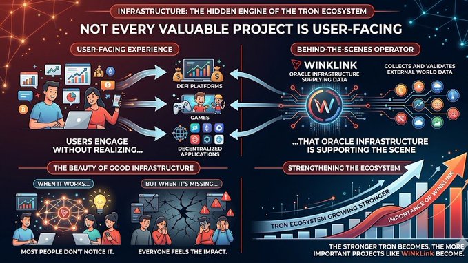 The image is a colorful infographic about infrastructure, specifically focusing on the inner workings of the internet ecosystem. The infographic explains that not every valuable project is user-facing, as there are projects behind the scenes operating without direct interaction from users. One such example is WinkLink, a decentralized platform for transactions and trading, which is shown as an arrow in the infographic. The infographic also emphasizes that users should take note of these hidden systems and projects to better understand how they impact their everyday experiences with technology.