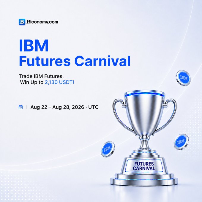 An advertisement for the 'IBM Futures Carnival' on Biconomy.com, offering up to 2,130 USDT in prizes for trading IBM futures from August 22 to August 28, 2026.