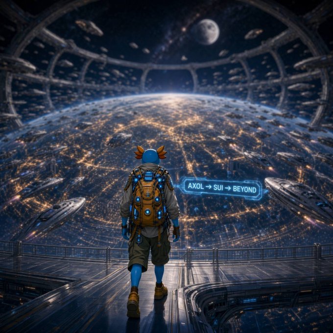 A digital illustration of a blue-skinned character with orange hair and a backpack standing on a platform, gazing at a massive futuristic city or planet surface, with a sign reading 'AXOL → SUI → BEYOND' and a moon visible above.