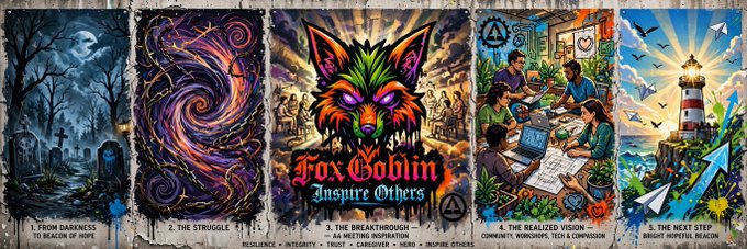 A five-panel graphic featuring the text "Fox Goblin" and "INSPIRE OTHERS". The panels are titled "1. FROM DARKNESS - TO BEACON OF HOPE", "2. THE STRUGGLE", "3. THE BREAKTHROUGH", "4. THE REALIZED VISION", and "5. THE NEXT STEP", with central text reading "RESILIENCE • INTEGRITY • TRUST • SACRIFICE • MERIT • INSPIRE OTHERS".