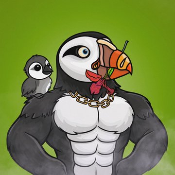 A cartoon illustration of a muscular penguin wearing a gold chain with a red rose in its beak, with a small baby penguin perched on its shoulder against a green background.