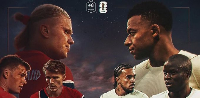 A promotional graphic shows Erling Haaland facing off against a French player, with additional players from both teams featured below, alongside the Norway (FFB) and France (FFF) national team crests. The image relates to the post by previewing the upcoming Norway vs France World Cup qualifying match being discussed.