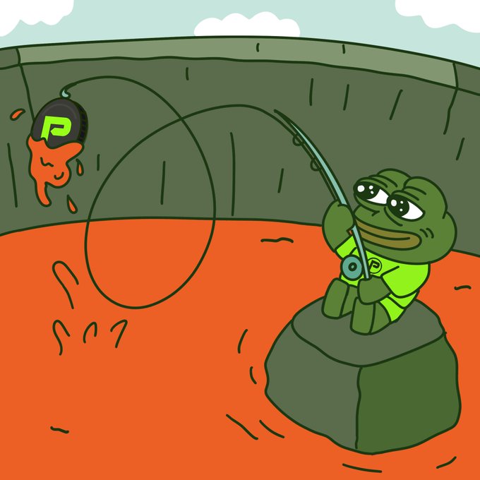 A determined Pepe the Frog sits on a rock fishing with a rod in a pool of orange "lava" beneath a curved wall, with his hook already catching a flaming bomb labeled "R" dripping into the water—playfully illustrating the post's message about another hidden node ("R") lurking beneath the surface.
