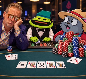 A surreal poker scene featuring a sad man in glasses sitting at a green table, facing two cartoon characters—a green goblin-like figure and a gray cat in a sombrero—with playing cards and stacks of colorful casino chips between them.