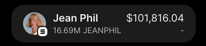 A screenshot showing a crypto wallet holding 16.69M JEANPHIL tokens valued at $101,816.04, claimed to have been earned overnight through the buyer's conviction in the meme coin's viral narrative. The image serves as proof of profit to back up the post's claim of making over $100K with the $JEANPHIL token.