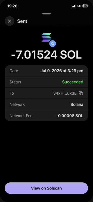 A screenshot from Phantom wallet showing a successful outgoing transaction of -7.01524 SOL sent to address 34xH...ux3E on the Solana network on July 9, 2026, with a network fee of -0.00008 SOL. The image serves as evidence supporting the user's claim that their wallet was drained of approximately 7.015 SOL without authorization.