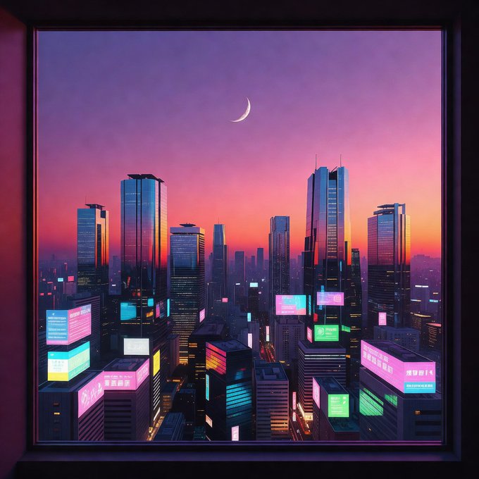 A framed picture displaying a vibrant cyberpunk-style cityscape at dusk with a crescent moon in a pink and purple sky above illuminated neon billboards.