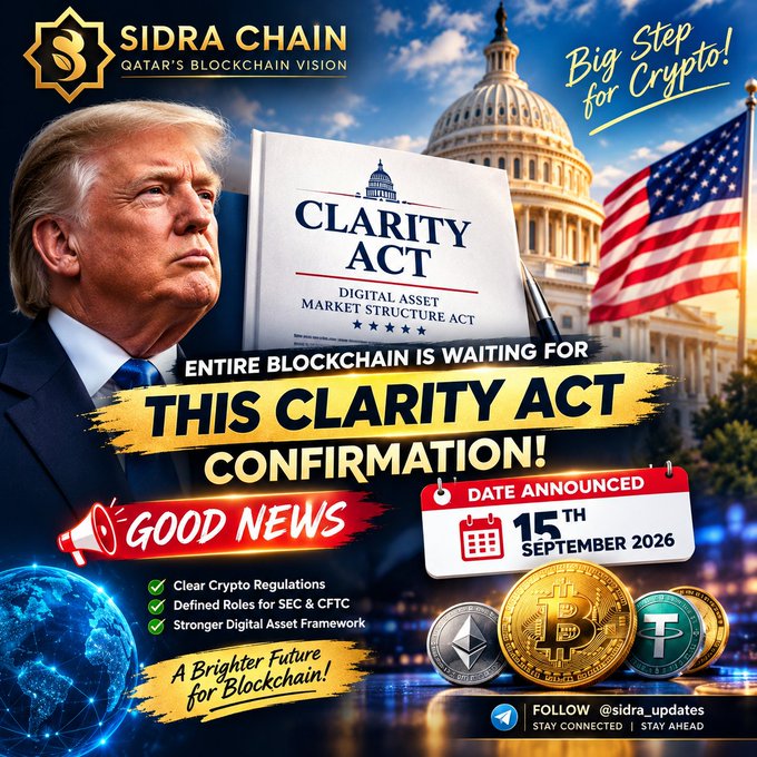 The image is a promotional graphic from "Sidra Chain" featuring Donald Trump alongside the U.S. Capitol and an American flag, highlighting the "CLARITY Act - Digital Asset Market Structure Act" with a stated confirmation date of September 15th, 2026, and promises of clearer crypto regulations with defined roles for SEC and CFTC. The accompanying post mirrors these claims, echoing the September 15, 2026 date and framing the legislation as a potential turning point for blockchain and digital asset regulation.