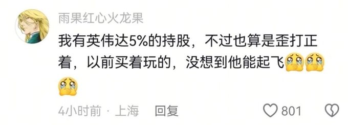 A Chinese social media comment from user "雨果红心火龙果" claiming to hold 5% of NVIDIA shares, with 801 likes from Shanghai.