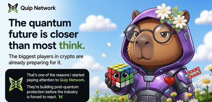 A promotional image for Quip Network features a cartoon capybara wearing purple armor, round glasses, and a flower crown, holding a Rubik's cube in a sunny field. Bold text declares "The quantum future is closer than most think" and highlights Quip Network's early post-quantum protection efforts, aligning with the post's message about the overlooked intersection of AI and quantum computing in digital asset security.