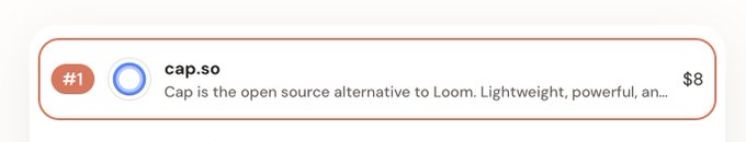 A digital product listing displays 'cap.so' described as the open source alternative to Loom, priced at $8.