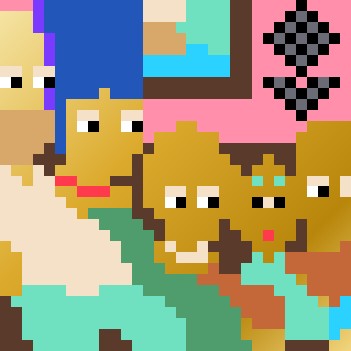 Pixel art image featuring several brown, rounded characters with simple eyes, with one in a green outfit in the foreground and a black and white checkered figure in the background.