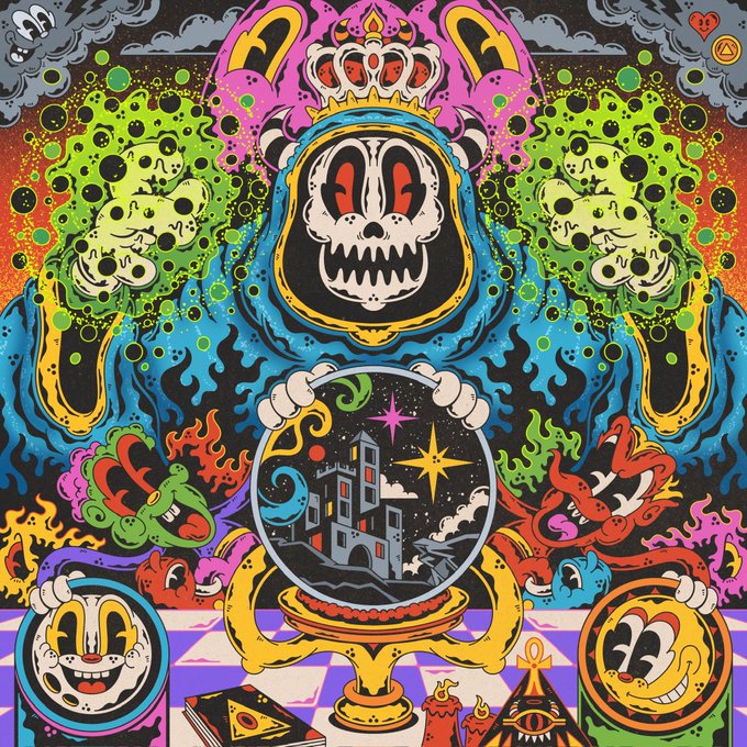 A colorful, psychedelic illustration featuring a skeletal figure in a blue hooded robe holding a crystal ball that displays a night scene with a castle, surrounded by flames, mystical symbols, and other stylized characters.