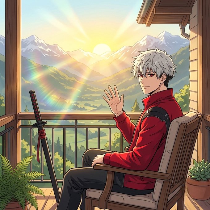 Anime-style illustration of a white-haired young man in a red jacket waving from a wooden porch chair, with a katana sword beside him and a rainbow-lit sunset over mountains in the background.