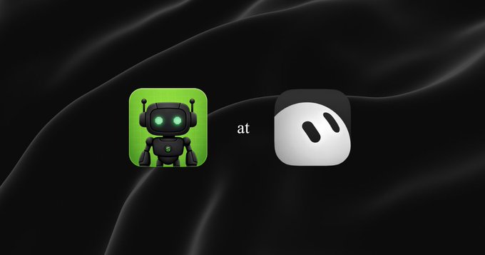 A dark-themed image showing two app icons, a green robot icon and a white face icon, with the word 'at' between them.