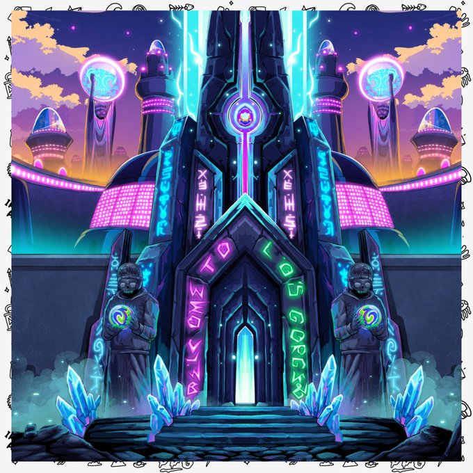 Digital art depicting a futuristic fantasy temple with glowing neon blue and purple runes, observed by two hooded figures holding glowing orbs, with crystals at the base.
