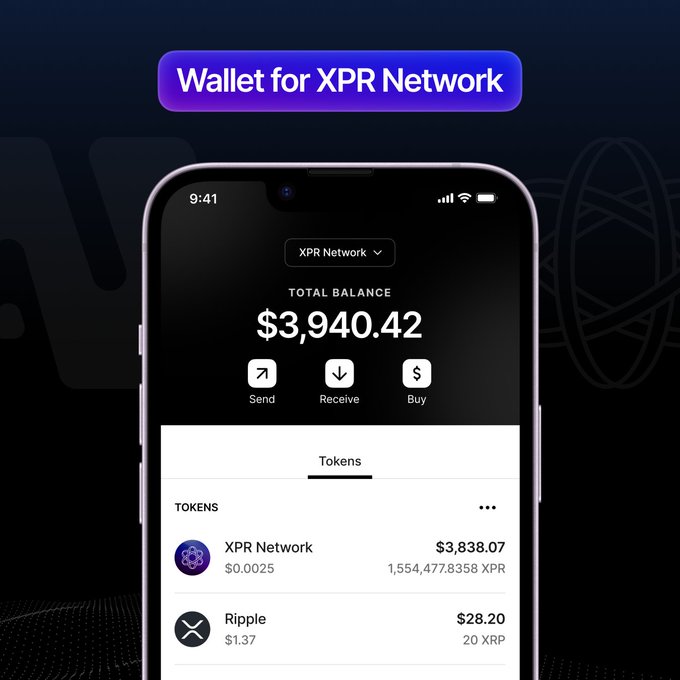 A smartphone displays the WebAuth Wallet app for XPR Network, showing a total balance of $3,940.42 with holdings of 1,554,477.8358 XPR ($3,838.07) and 20 XRP ($28.20). Above the phone, a purple banner reads "Wallet for XPR Network," illustrating the fee-free wallet the post promotes for depositing and managing digital assets on the network.