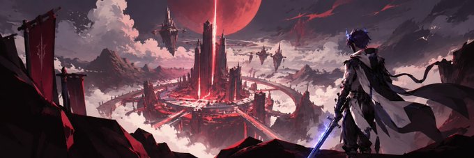 A dramatic anime-style fantasy illustration of an armored character with a glowing blue sword overlooking a dark fortress city with a massive red beam shooting skyward toward a blood-red moon.