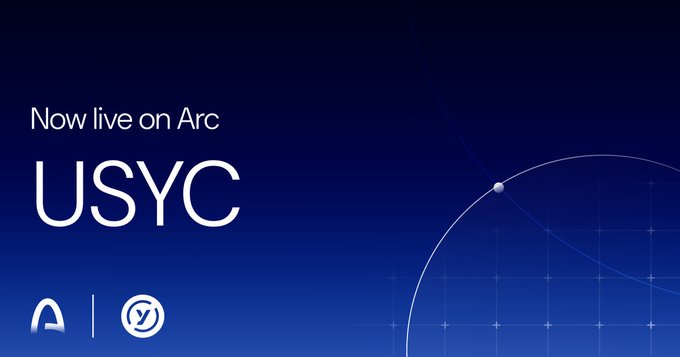 A blue promotional graphic announcing 'Now live on Arc USYC' featuring Arc and Y (Yearn) logos.
