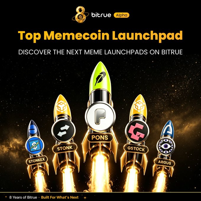 The image is a promotional graphic for **Bitrue Alpha** titled **"Top Memecoin Launchpad"** with the subtitle **"DISCOVER THE NEXT MEME LAUNCHPADS ON BITRUE."** It features five rocket ships soaring through a starry space background, each representing a different memecoin launchpad: **STONKEX** (blue rocket), **STONK** (black rocket with yellow accents), **PONS** (large central green rocket), **GSTOCK** (black rocket with pink accents), and **ARGUS** (blue rocket with an eye logo). The footer reads **"8 Years of Bitrue • Built For What's Next."** This visually reinforces the post's theme of memes merging with traditional finance and tokenization, showcasing Bitrue Alpha as a launchpad hub where meme culture intersects with tokenized real-world assets like stocks.
