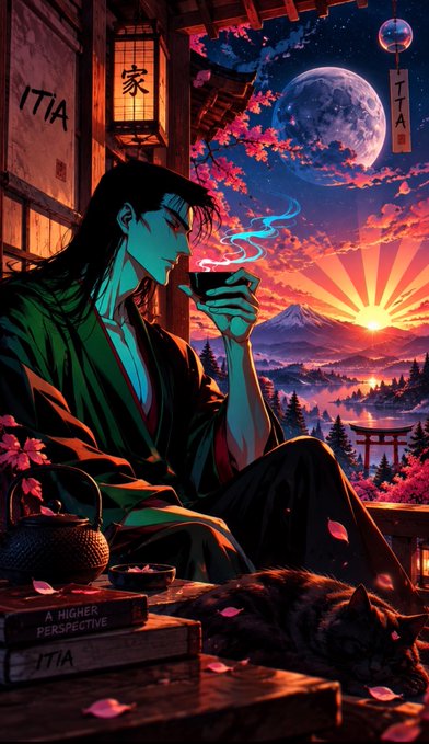 An anime-style illustration depicts a man in a green kimono drinking from a cup, with a cat, books labeled 'A HIGHER PERSPECTIVE' and 'ITIA', and a sunset over Mount Fuji in the background.