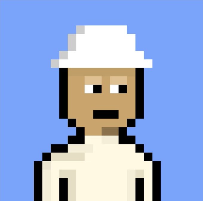 A pixel art style portrait of a man with dark skin, beard, and a white hat/shawl, rendered in a retro 8-bit aesthetic against a blue background.