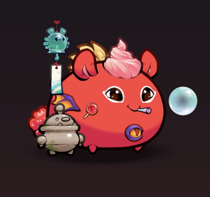 An illustration of a round pink creature with a swirl of cream on its head, accompanied by a small stone-like character and a floating green axolotl-like creature against a dark background.