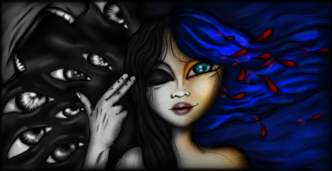 A digital artwork of a woman with one bright green eye and flowing blue hair, surrounded by multiple watchful eyes on the left side.