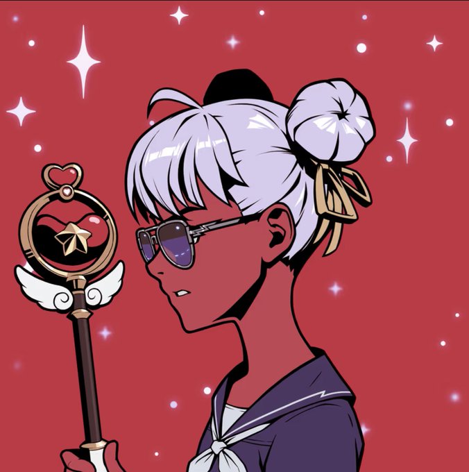 An anime-style character with silver hair in buns, red skin, and sunglasses holds a winged star-topped staff against a sparkling red background, matching the described rare "Kidzukis" NFT traits of red background, silver hair, and stars.