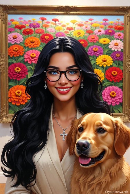 An illustrated portrait of a dark-haired woman with glasses and a golden retriever is set against a vibrant backdrop of colorful zinnia flowers in an ornate frame, with 'CryptoTonya.eth' visible in the corner.
