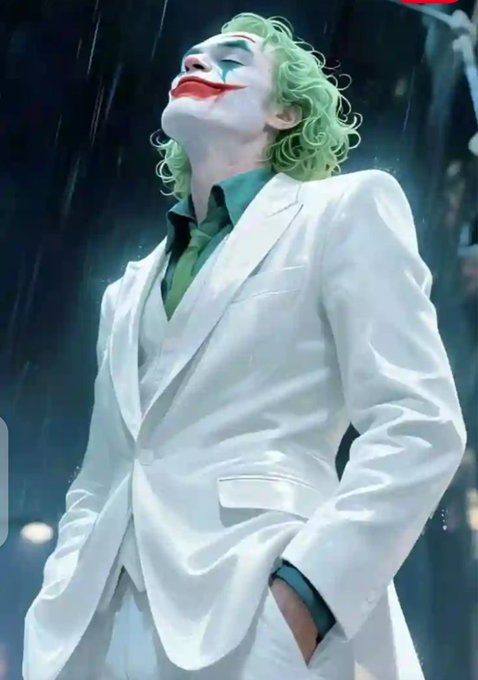 An illustration of the Joker character with green hair and white face paint, dressed in a white suit and green shirt, standing in the rain.