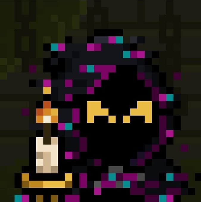 A pixel art illustration of a character with glowing yellow eyes wearing a dark hood or mask with purple accents, holding a lit candle.