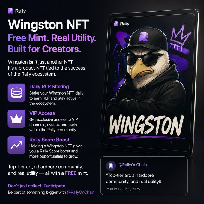 The image features an advertisement for Wingston NFT, which is a cryptocurrency platform. The poster displays a cartoon bird wearing sunglasses and a black jacket with the name "Wingston" written below it. The poster also includes text about the platform's features and benefits, such as free minting, real utility, and building for creators. It encourages users to contribute to the project by participating in a rally or fundraiser.