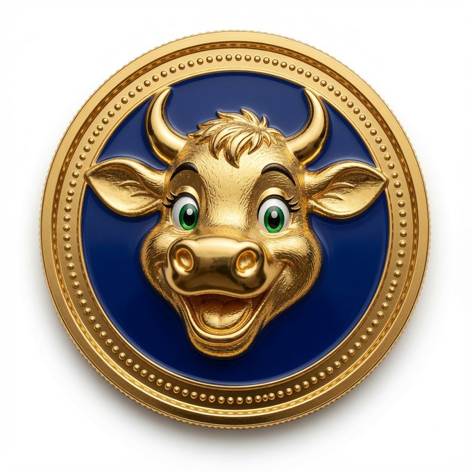 A gold-colored coin features a smiling cartoon bull's head with green eyes set against a navy blue background, surrounded by a decorative dotted border.