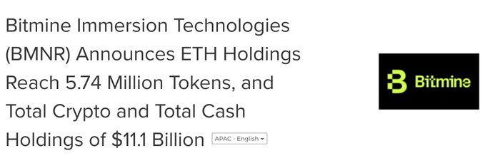 A press release headline from Bitmine Immersion Technologies (BMNR) announces that the company's ETH holdings have reached 5.74 million tokens, with total crypto and cash holdings valued at $11.1 billion. The image accompanies news of Bitmine's recent acquisition of 42,197 ETH, bringing its total to 5,742,237 ETH representing 4.8% of Ethereum's circulating supply.