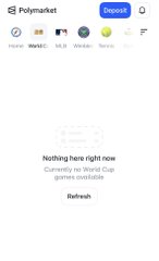 A Polymarket page showing 'Nothing here right now' with the message 'Currently no World Cup games available' and a Refresh button.