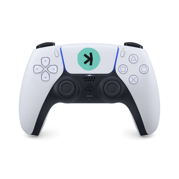 White PlayStation 5 DualSense controller featuring a teal circular sticker with a black 'K' logo on the touchpad.
