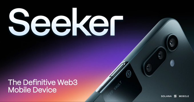 A promotional image for the 'Seeker' smartphone, advertised as 'The Definitive Web3 Mobile Device' and associated with Solana Mobile, featuring a 'Seeker Vault' logo.