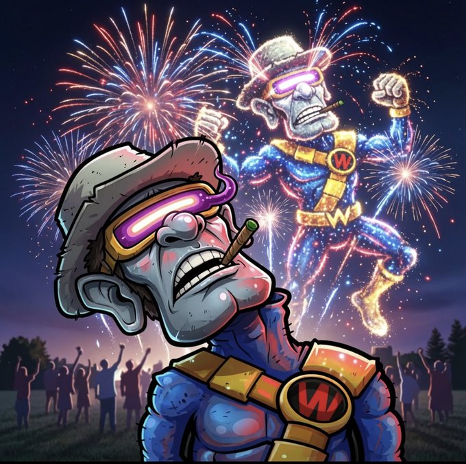 A cartoon superhero wearing goggles, a fur hat, and a cigar—with a "W" emblem on his chest—appears in the foreground while a glowing fireworks-formed version of himself flies above a cheering crowd, visually celebrating the "Wegen" token mentioned in the post.