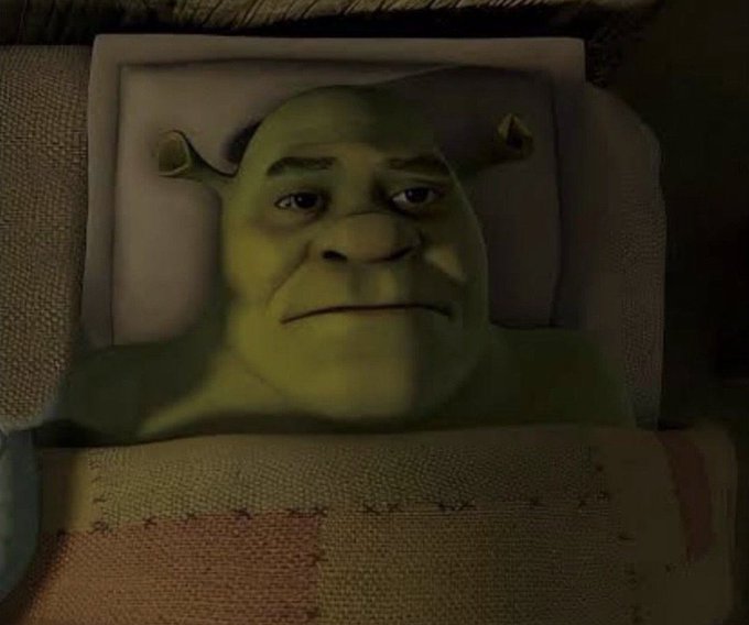 3D animated image of Shrek lying in bed with a sad or tired expression, covered by a patchwork blanket.