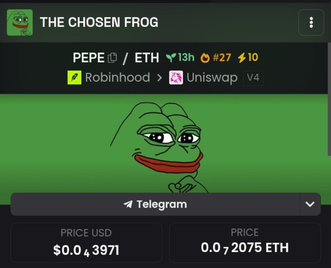 A screenshot of the PEPE/ETH trading page on the "Chosen Frog" platform shows a price of $0.0₄3971 USD or 0.0₇2075 ETH, with the token listed on Robinhood via Uniswap V4, supporting the post's bullish claim that PEPE is poised for a major surge as Asian markets open and Robinhood listings drive momentum.