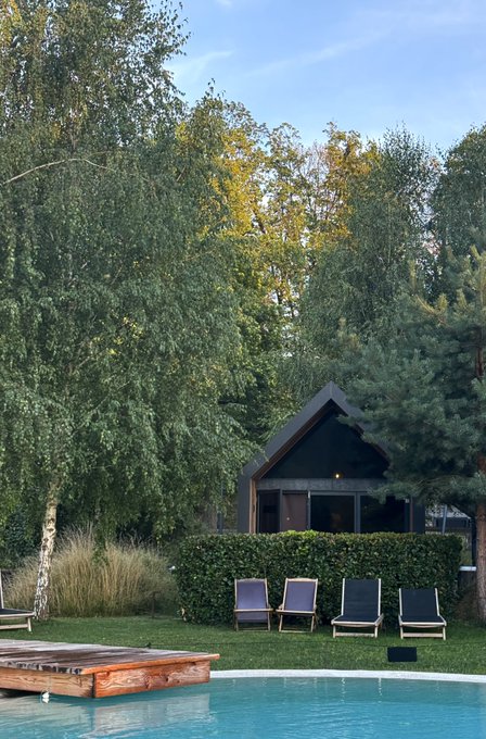 A backyard scene featuring a swimming pool with wooden lounge chairs lined up on the grass, a modern black A-frame cabin/house in the background, surrounded by tall trees and lush greenery.