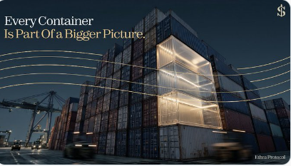 Advertisement for Extra Protocol with the tagline 'Every Container Is Part Of a Bigger Picture,' showing stacked shipping containers with glowing connection lines.