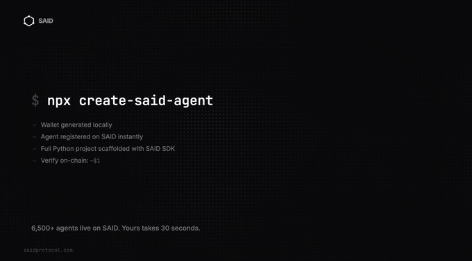 A dark terminal-style graphic showing the command 'npx create-said-agent' with notes about wallet generation and agent registration, referencing saidprotocol.com.