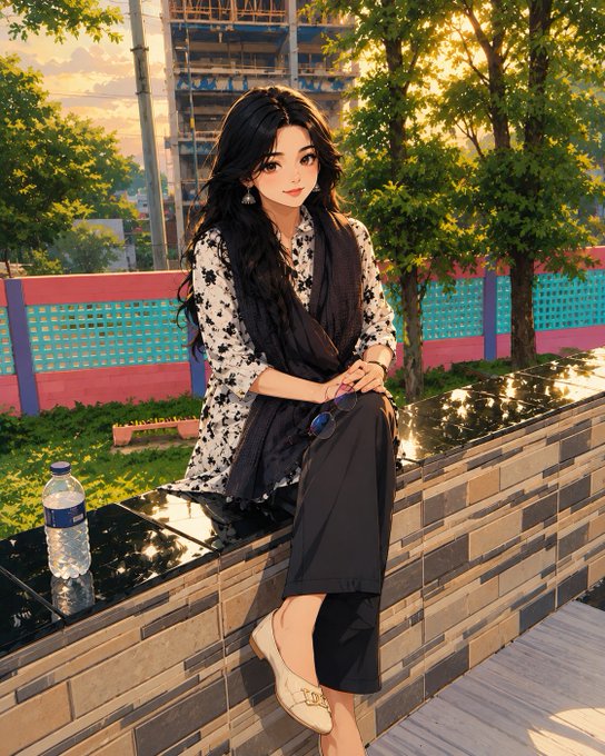 An anime-style illustration of a young woman with long dark hair wearing a black and white patterned top and dark pants, sitting on a tiled ledge with a water bottle beside her, with trees and a building under construction in the background.