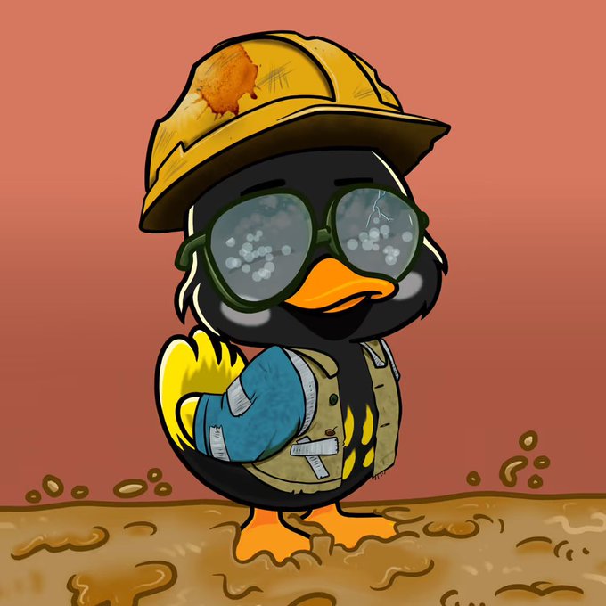 A cartoon duck character dressed in a yellow construction hard hat, oversized goggles, and a vest stands in a muddy puddle against a dusty brown background, looking rugged and battle-worn. The illustration ties into the vanity contest post showcasing a unique, "perfectly yucky" duck design (NFT #4301) from the Yucky Ducks collection.