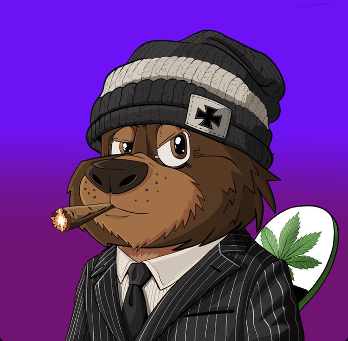 A digital illustration of an anthropomorphic brown dog wearing a black beanie with a cross patch, a pinstripe suit, holding a lit cigar, against a purple gradient background.